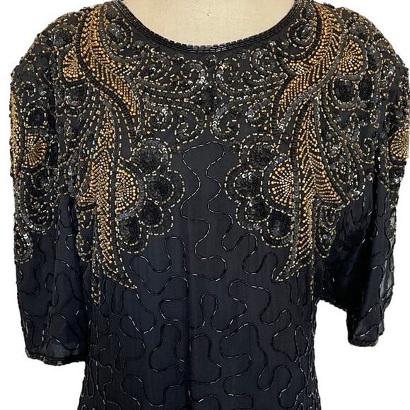 Vintage Black Gold Beaded Open Back Dress - Picture 4 of 10